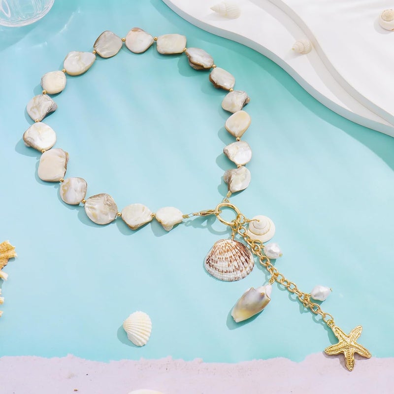 Bocar Statement Shell Bib Choker Necklace for Women Chunky Natural Freshwater Shell Conch Starfish Pearl Pendent Costume Collar Beach Necklace - Image 3